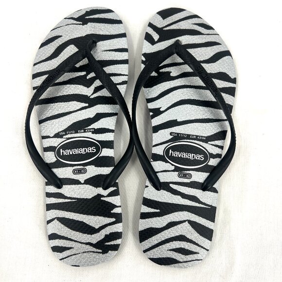 Havaianas Slim Zebra Print Silver Black Flip Flop Sandals Women's 11/12 - Picture 1 of 3